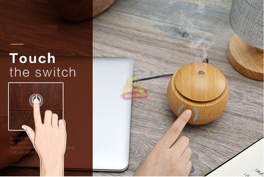 Wood Grain Ultrasonic Aromatherapy Humidifier with USB 7 Colour Changing LED Lights