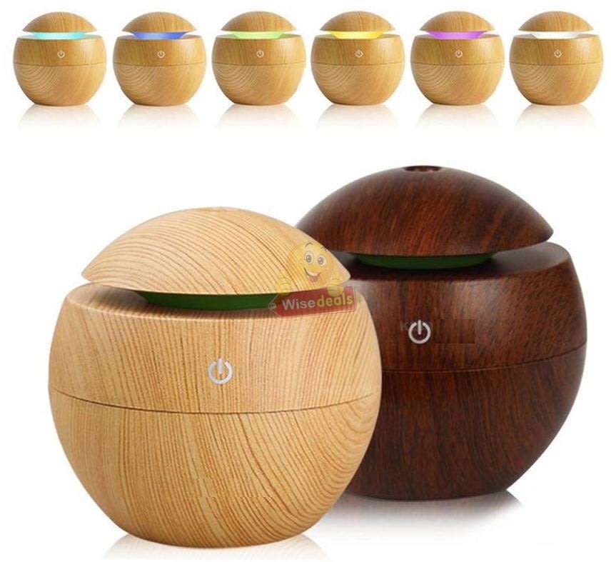 Wood Grain Ultrasonic Aromatherapy Humidifier with USB 7 Colour Changing LED Lights