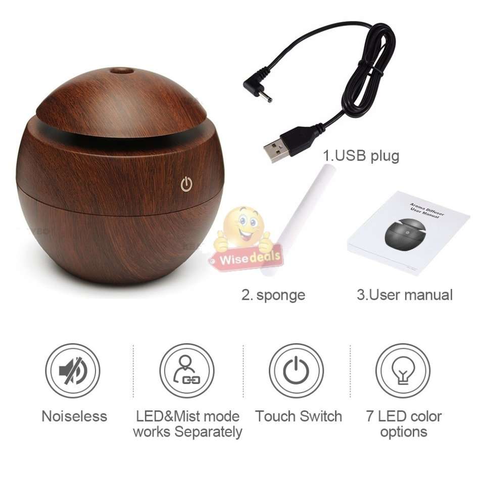 Wood Grain Ultrasonic Aromatherapy Humidifier with USB 7 Colour Changing LED Lights