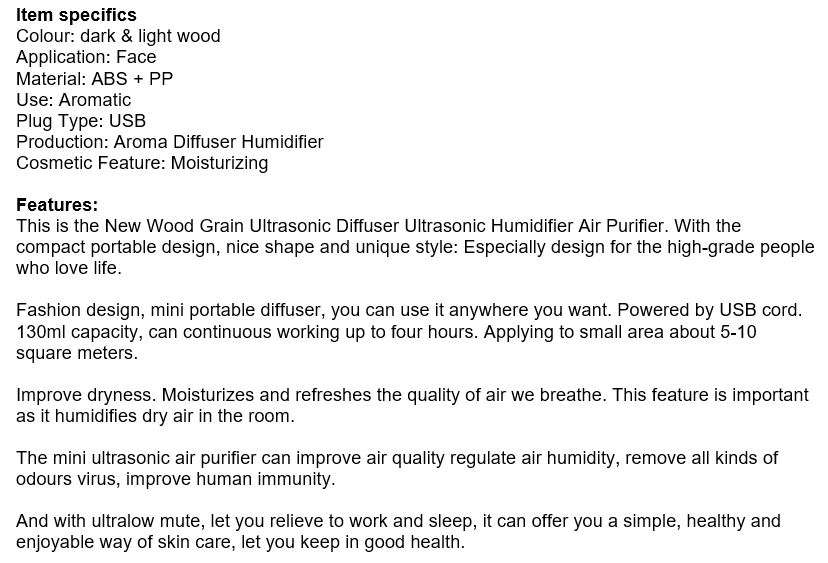 Wood Grain Ultrasonic Aromatherapy Humidifier with USB 7 Colour Changing LED Lights