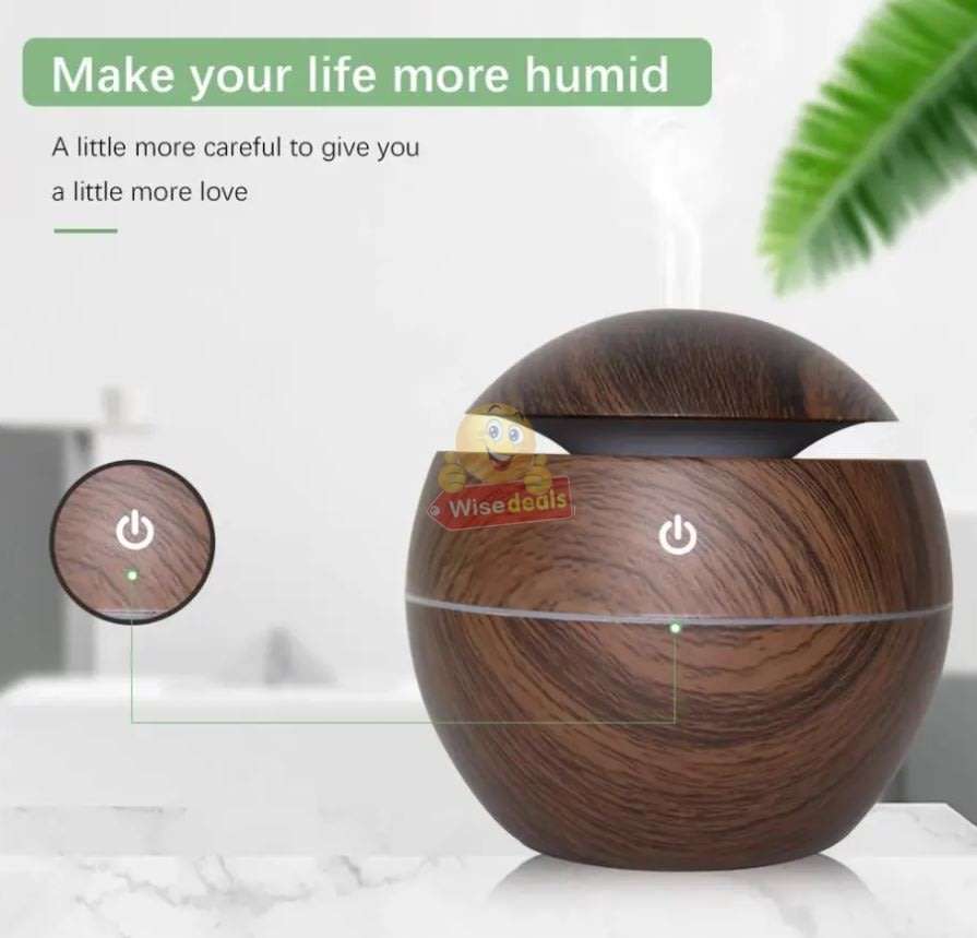 Wood Grain Ultrasonic Aromatherapy Humidifier with USB 7 Colour Changing LED Lights