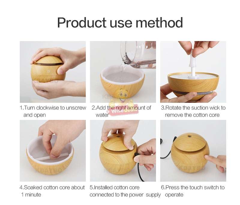 Wood Grain Ultrasonic Aromatherapy Humidifier with USB 7 Colour Changing LED Lights