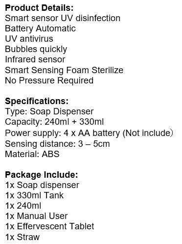 Non-Contact Smart Sensor UV Disinfection Sanitizer and Soap Dispenser