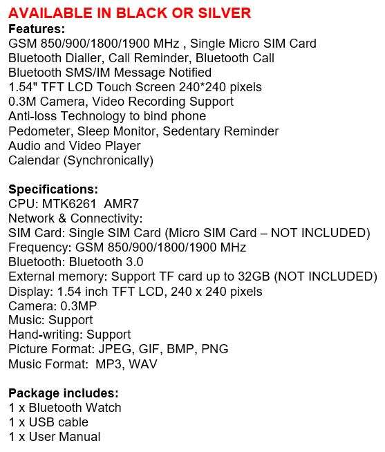 New Fashion Sport Smart Watch  Support Sim & SD Card, Touch Screen, Bluetooth, Camera, Audio, Video