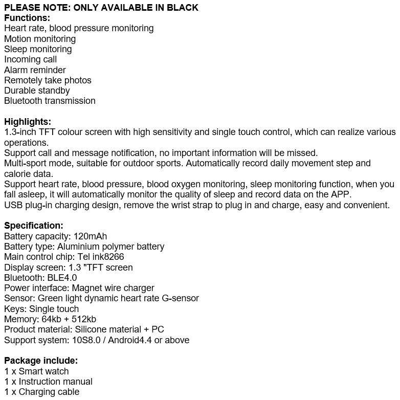 Bluetooth Fitness Smart Watch - Monitor Heart Rate, Blood Pressure, Blood Oxygen, Calorie, Distance