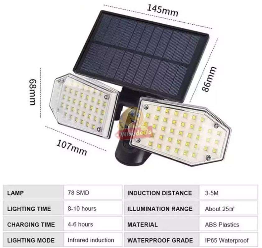 30W Solar Flood Light, 78 LED, 2 adjustable heads, 3 modes, 1500LM, 2000mAH battery