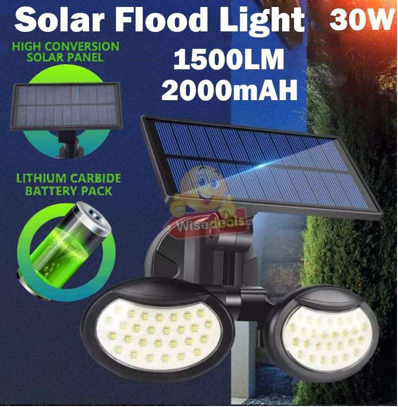 30W Solar Flood Light, 56 LED, 2 adjustable heads, 3 modes, 1500LM, 2000mAH battery