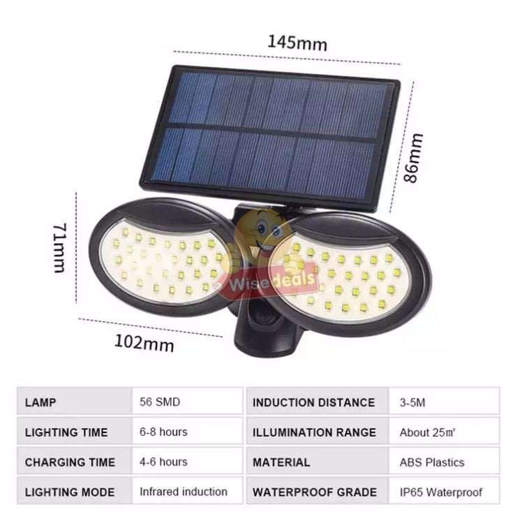 30W Solar Flood Light, 56 LED, 2 adjustable heads, 3 modes, 1500LM, 2000mAH battery