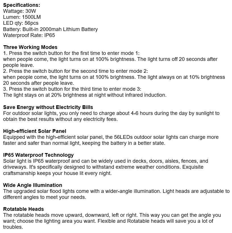 30W Solar Flood Light, 56 LED, 2 adjustable heads, 3 modes, 1500LM, 2000mAH battery