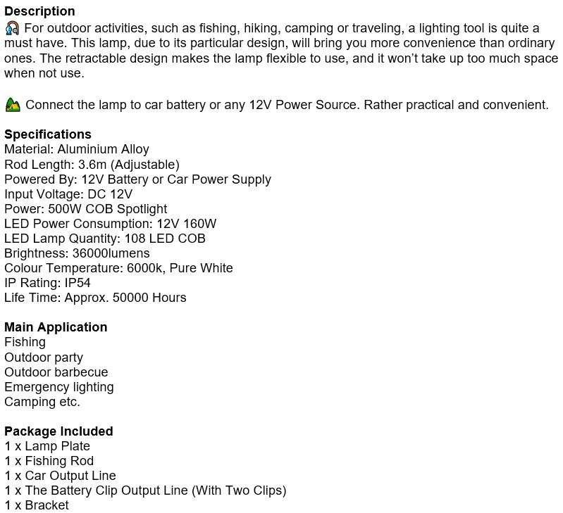 500W COB Adjustable Fishing Rod Light, DC 12V, Perfect for Fishing, Camping, Outdoor Lightening etc.