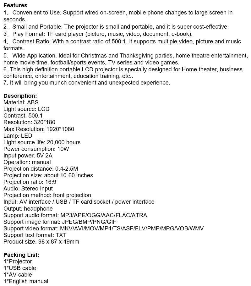 Mini Portable Projector with USB, AV. SD Card & Headphones Functions