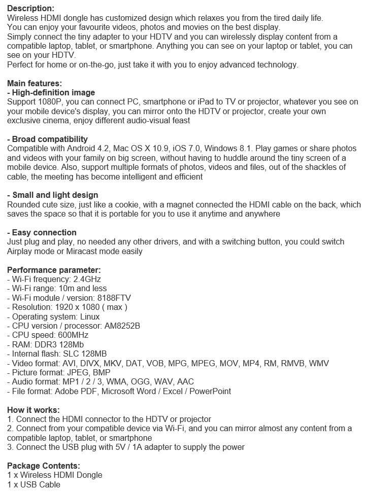 1080P HDMI Wi-Fi Mira Screen - Video Stream Anything from your phone, laptop or tablet to your HD TV