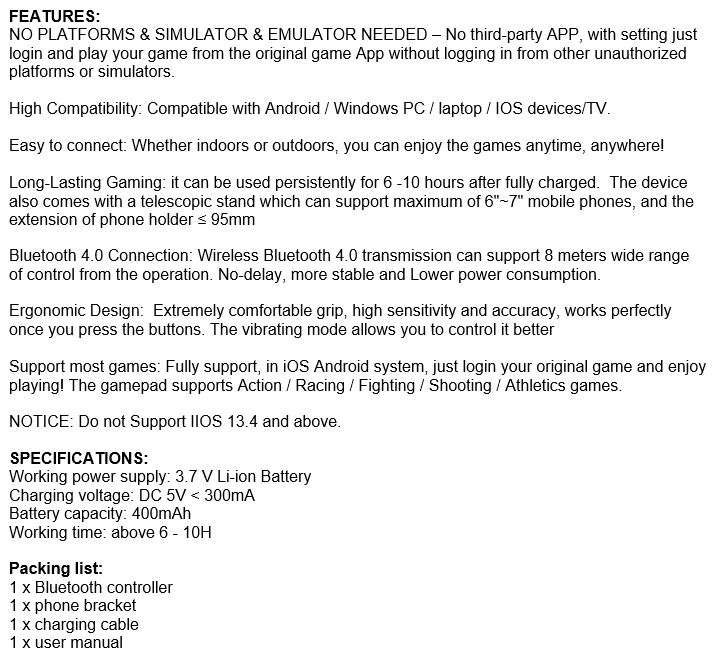 Wireless Bluetooth Mobile Game Controller, Android, IOS, Windows PC, Laptop, TV, No Third-party APP