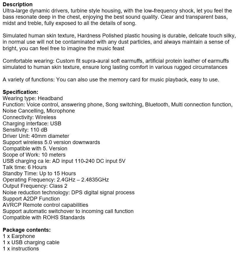 Foldable Wireless Bluetooth Headphones with SD Card function, FM Radio, Song Switching, phone answer