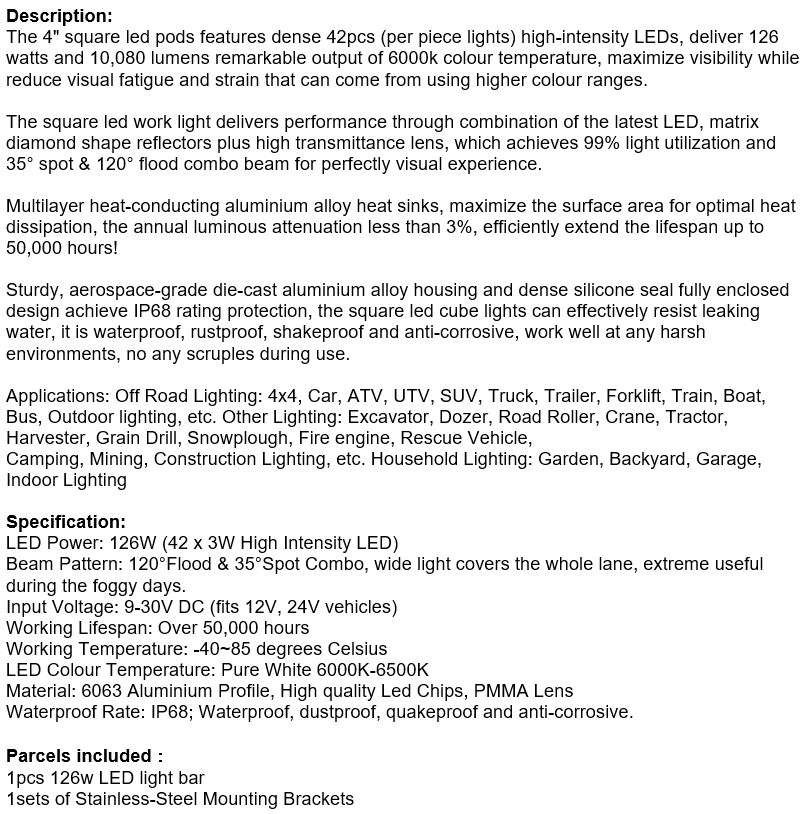 4 Inch 126W Super Bright Square LED Spot / Work Light Waterproof, Rustproof etc.