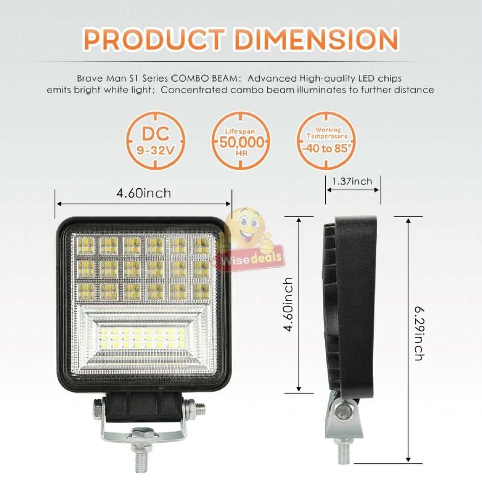 4 Inch 126W Super Bright Square LED Spot / Work Light Waterproof, Rustproof etc.