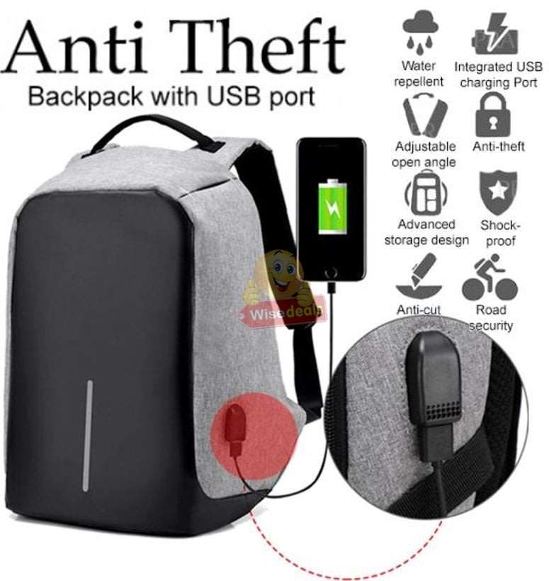 Anti-Theft Backpack with USB interface for mobile charging, zipper not visible for anyone to open