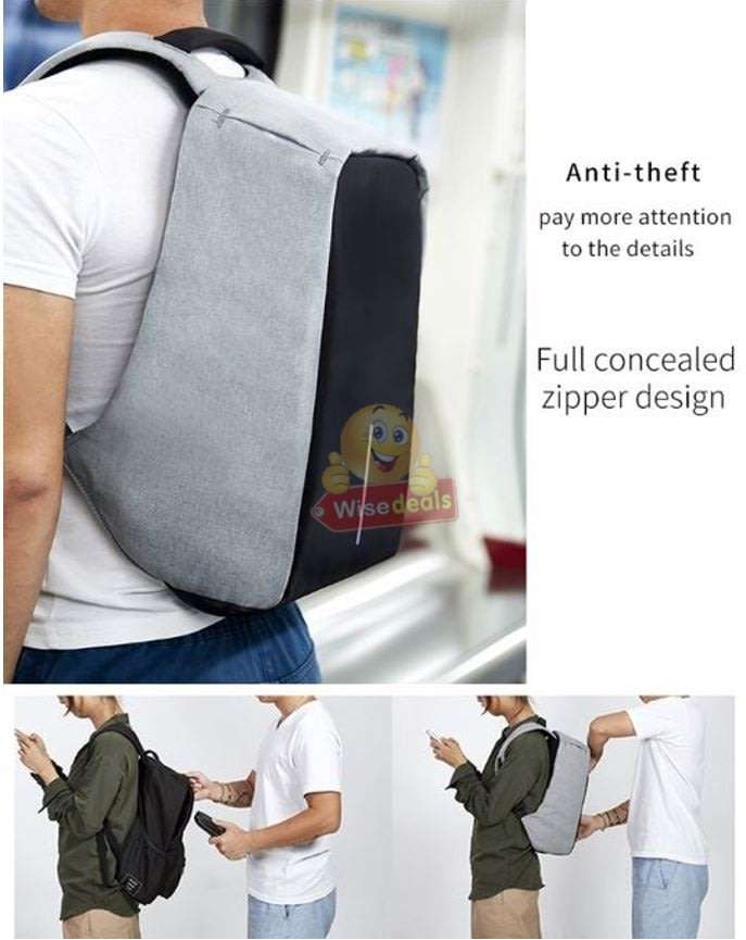Anti-Theft Backpack with USB interface for mobile charging, zipper not visible for anyone to open
