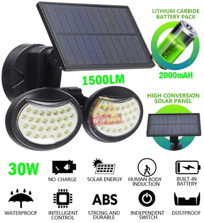 30W Solar Flood Light, 56 LED, 2 adjustable heads, 3 modes, 1500LM, 2000mAH battery