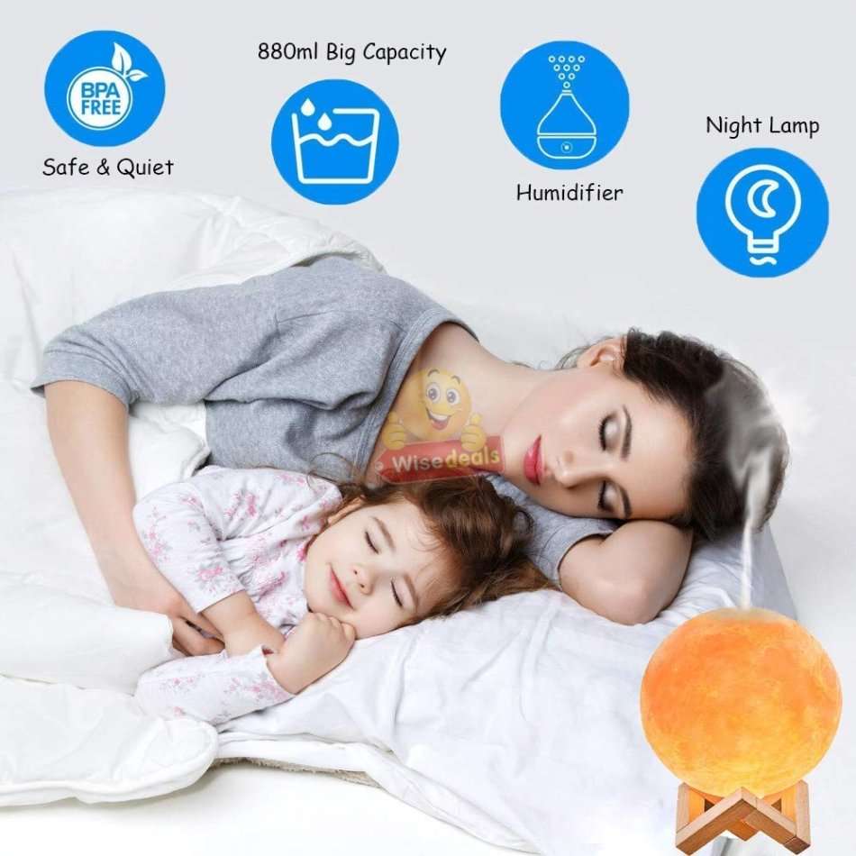 3D Moon Lamp Humidifier, 3 Colour Night Light, Automatic Power-off Protection, Touch Control, Quiet