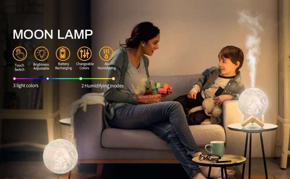 3D Moon Lamp Humidifier, 3 Colour Night Light, Automatic Power-off Protection, Touch Control, Quiet