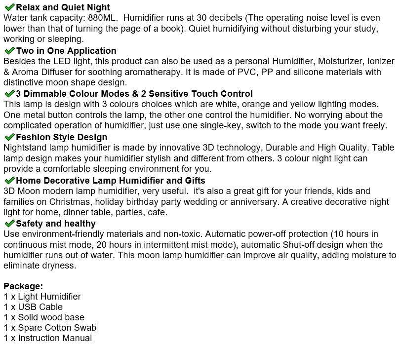 3D Moon Lamp Humidifier, 3 Colour Night Light, Automatic Power-off Protection, Touch Control, Quiet