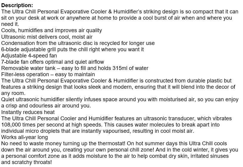 Ultra Chill Personal Cooler & Humidifier, Improves Air Quality, Aroma Diffuser, LED Reading Light