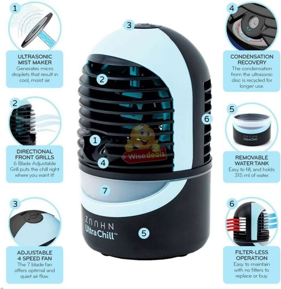 Ultra Chill Personal Cooler & Humidifier, Improves Air Quality, Aroma Diffuser, LED Reading Light