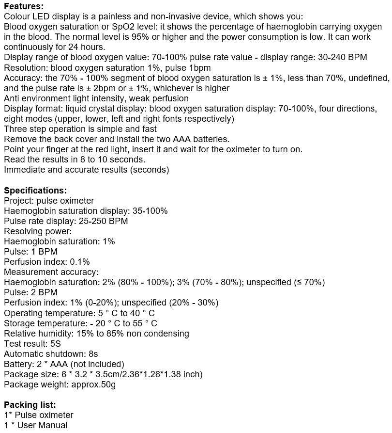 Colour LED Display Pulse Oximeter with Pulse, Heart Rate & Blood Oxygen function