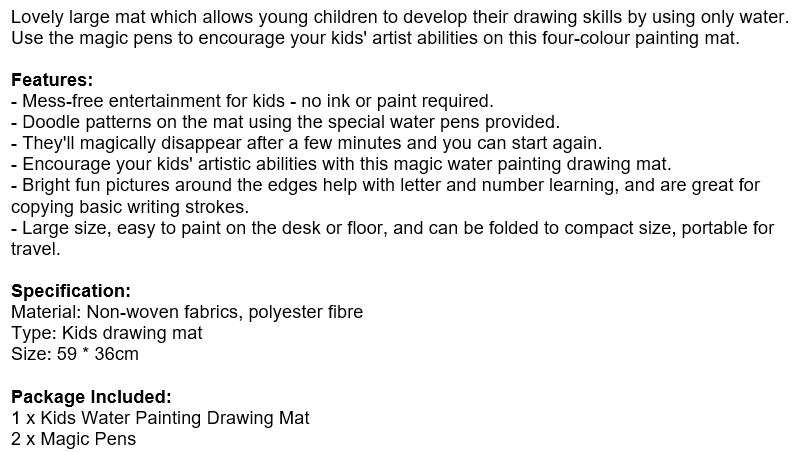 Water Drawing Painting Mat with Magic Pens, No Mess, No Fuss, Only use Water