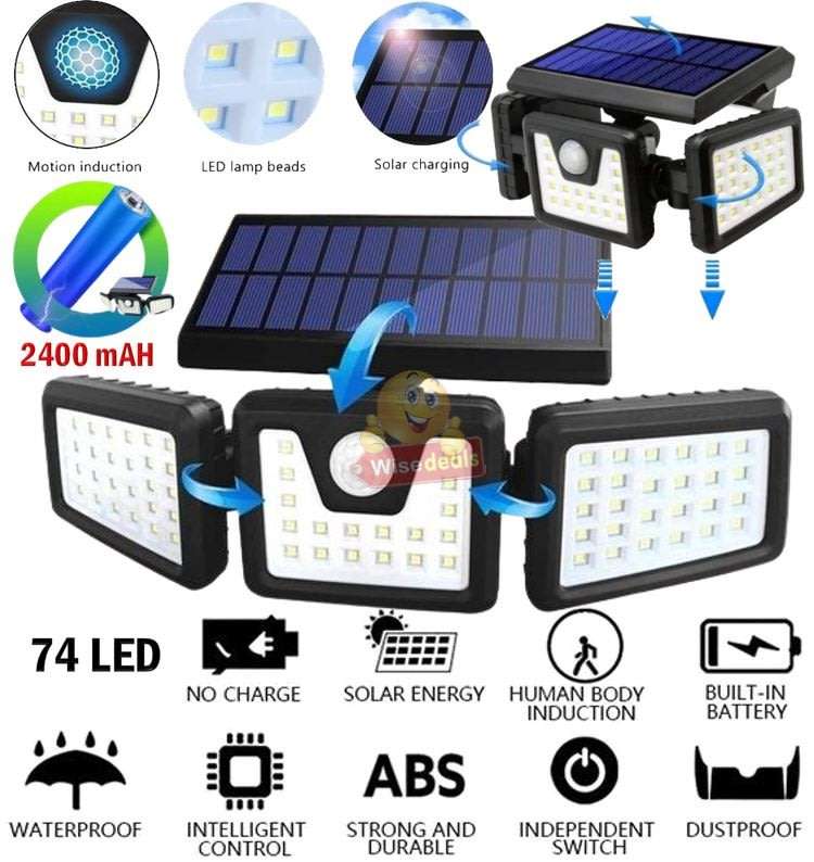 Solar Flood Light, 78 LED, 3 adjustable heads, 3 modes, 2400mAH battery