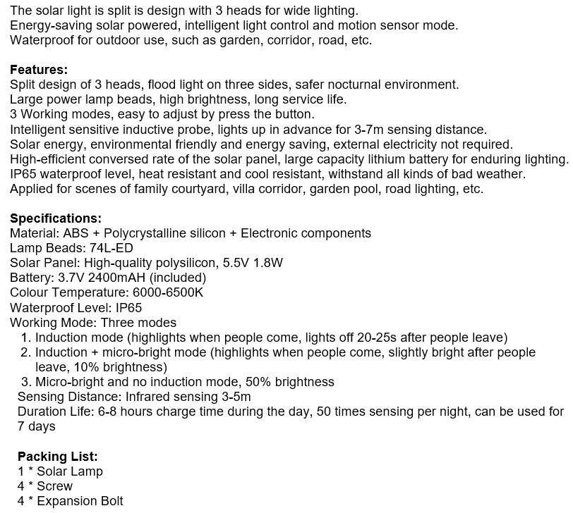 Solar Flood Light, 78 LED, 3 adjustable heads, 3 modes, 2400mAH battery