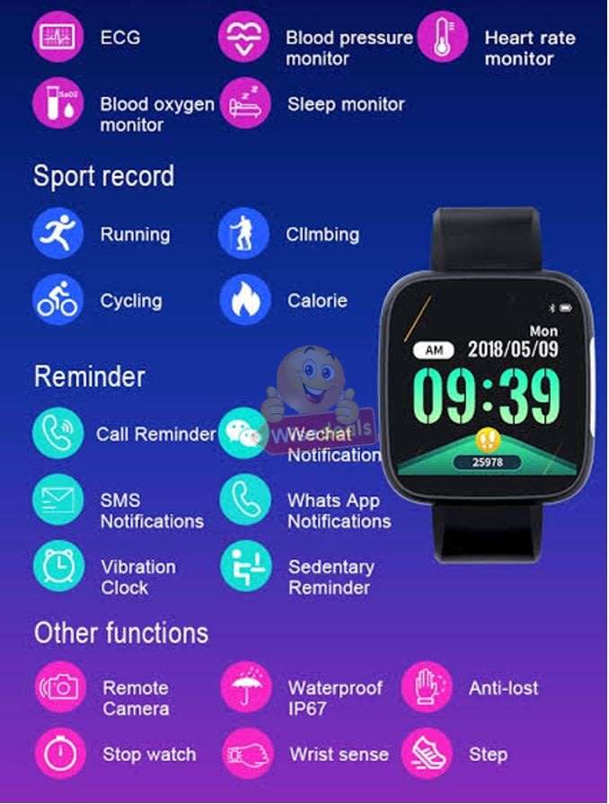Bluetooth Fitness Smart Watch - Monitor Heart Rate, Blood Pressure, Blood Oxygen, Calorie, Distance
