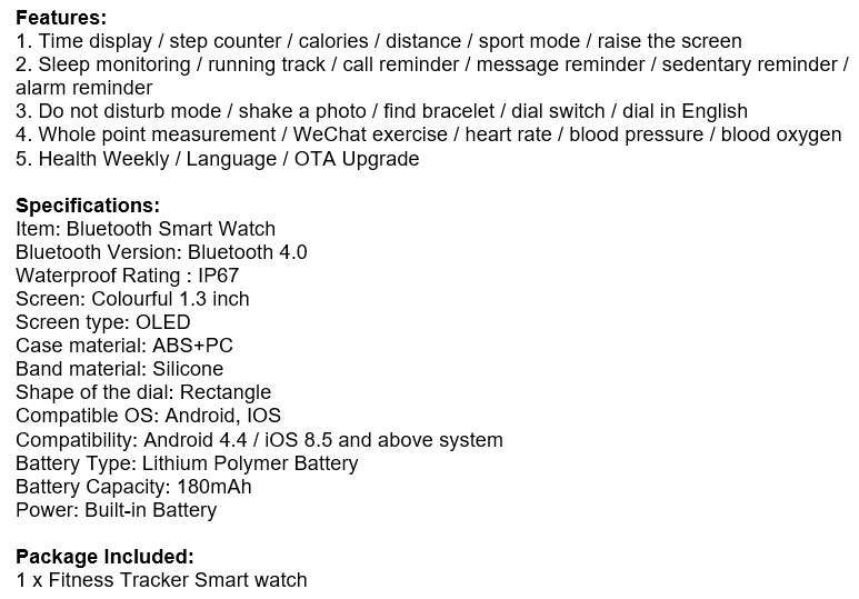 Bluetooth Fitness Smart Watch - Monitor Heart Rate, Blood Pressure, Blood Oxygen, Calorie, Distance