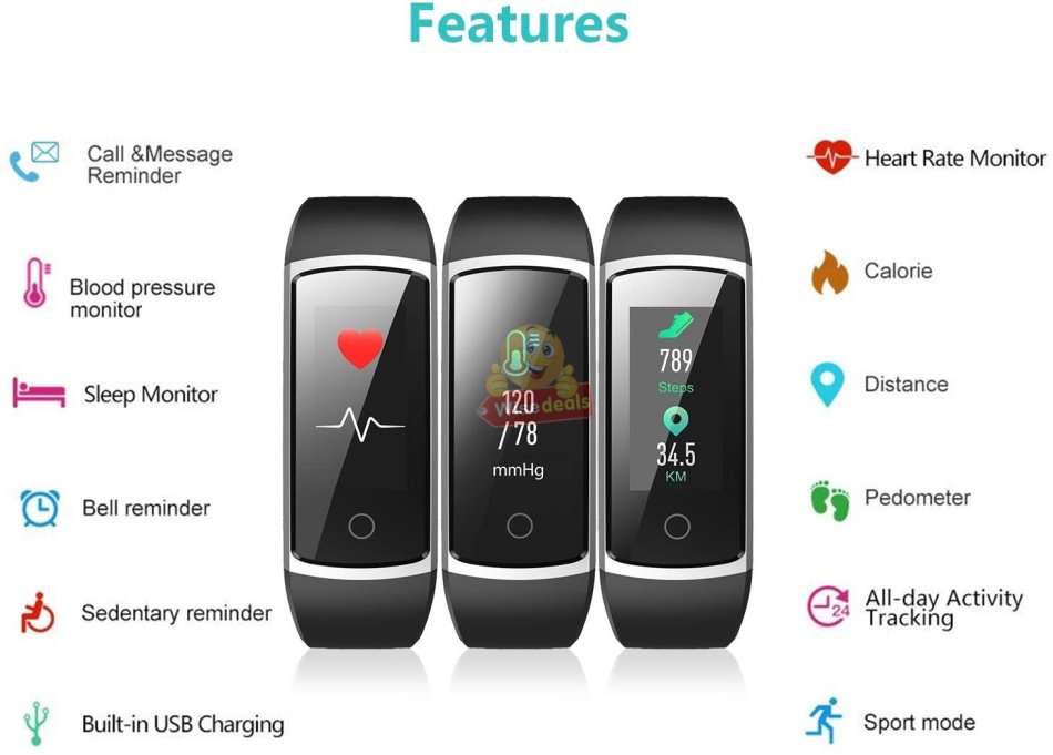 Bluetooth Fitness Smart Watch - Monitor Heart Rate, Blood Pressure, Blood Oxygen, Calorie, Distance