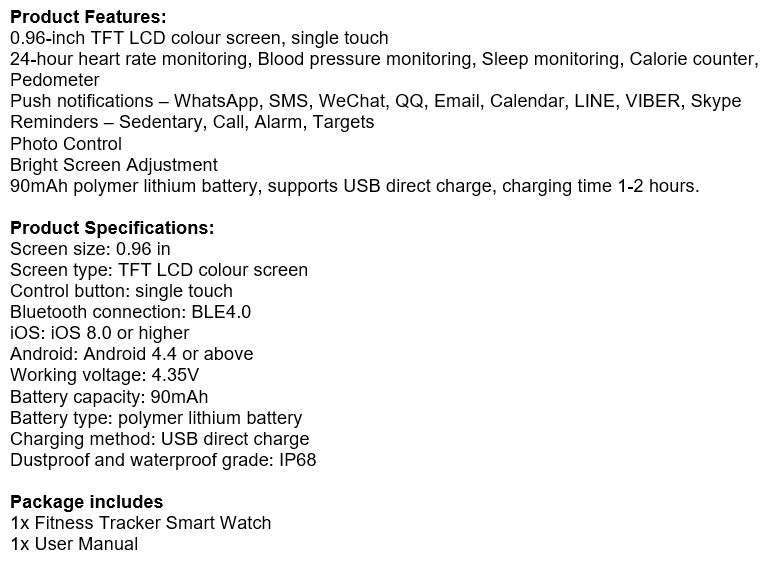 Bluetooth Fitness Smart Watch - Monitor Heart Rate, Blood Pressure, Blood Oxygen, Calorie, Distance