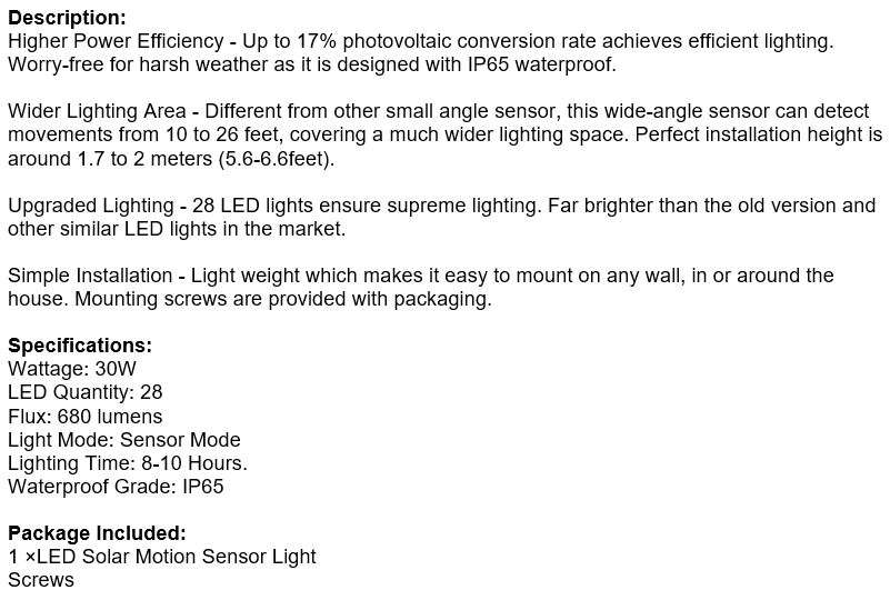 30W Super Bright LED Solar Wall Light, Motion Sensor, Wide-Angle, Waterproof & Eco-friendly