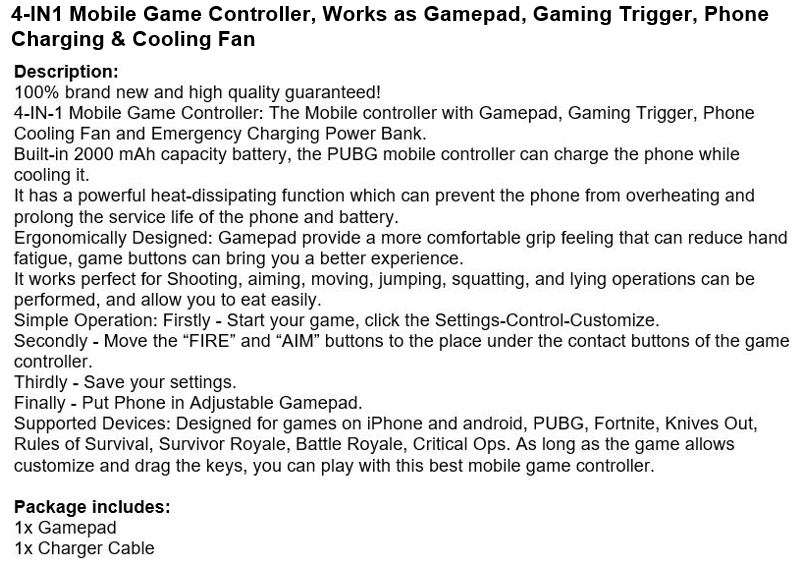 4-IN1 Mobile Game Controller, Works as Gamepad, Gaming Trigger, Phone Charging and Cooling Fan
