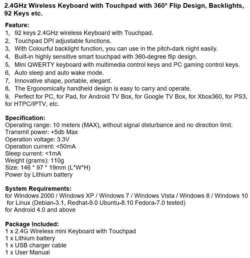 2.4GHz Wireless Keyboard with Touchpad with 360° Flip Design, Backlights, 92 Keys etc.