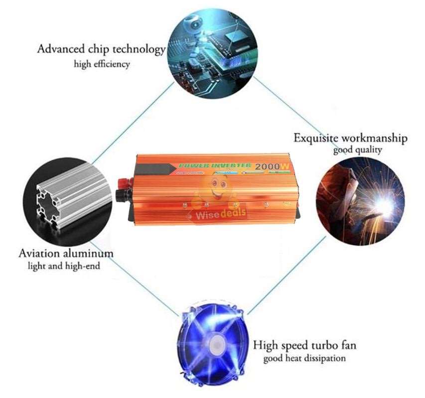Solar Power Inverter - 2000W Constant Power & 4000W Surge Power, Convert 12V DC to 220V AC