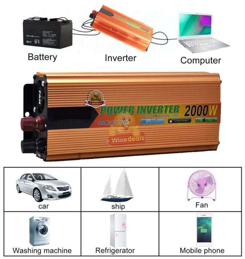 Solar Power Inverter - 2000W Constant Power & 4000W Surge Power, Convert 12V DC to 220V AC