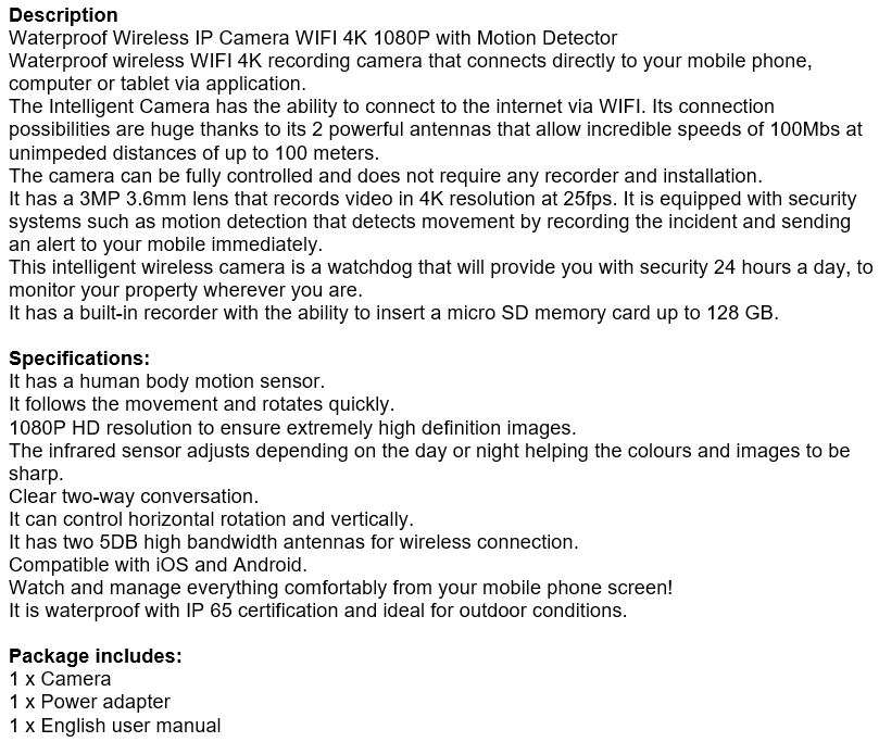 Waterproof Outdoor 4K WIFI Intelligent IP Camera, Motion Detector, Two-way Communication etc.