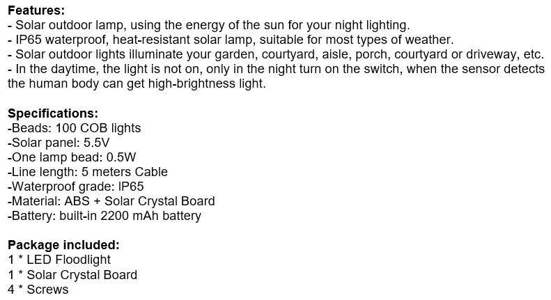 100 COB Super Bright LED Solar Flood Light for Outdoor as well as Indoor use