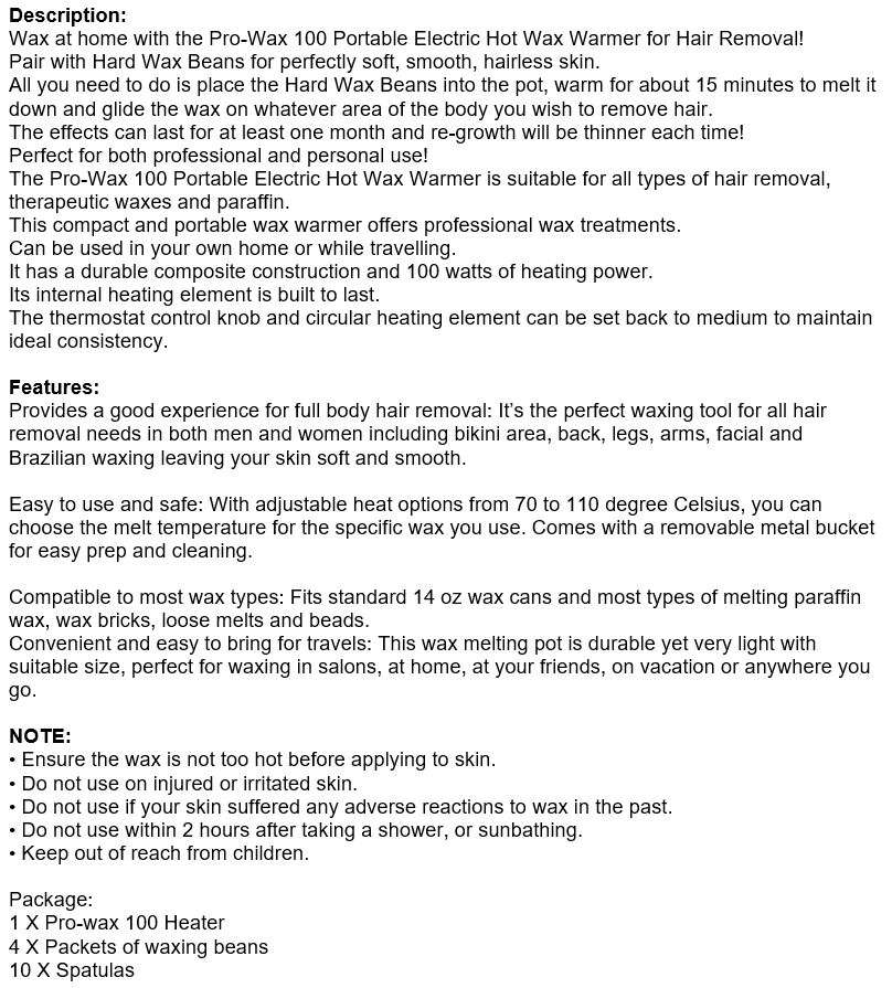 Pro-Wax 100 Hair Removal Electric Heater Kit with 4 Packets of Wax Beans & 10 Spatulas