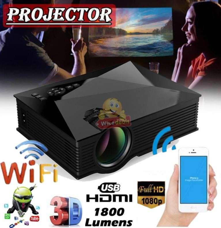 LED WIFI Projector, 1800 Lumens, 1080P Display, Support USB, SD, VGA, HDMI, AV, IR