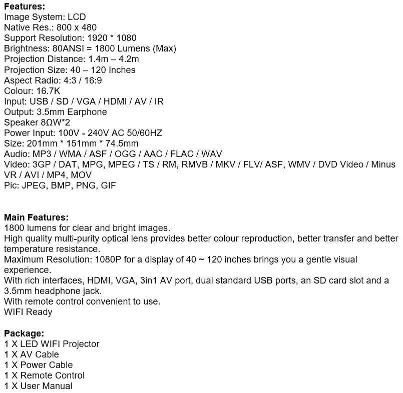 LED WIFI Projector, 1800 Lumens, 1080P Display, Support USB, SD, VGA, HDMI, AV, IR