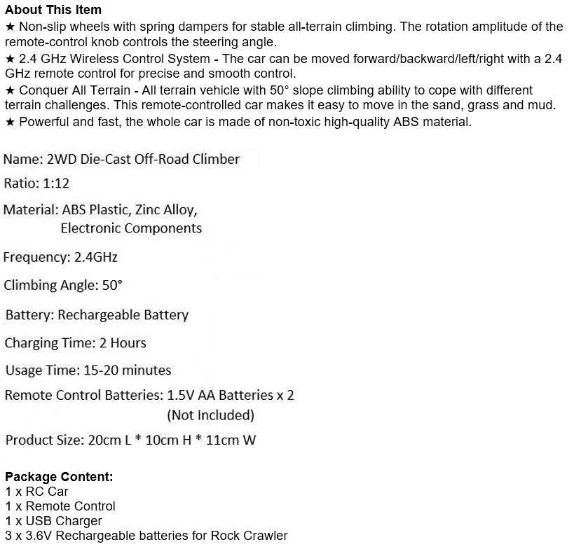 Remote Control Rock Crawler  Conquer all terrain, 50° Slope Climbing Ability, Powerful & Fast