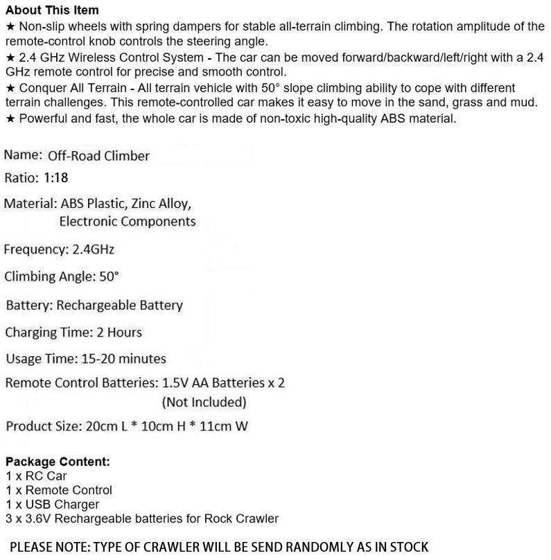 1:18 Remote Control Rock Crawler Conquer all terrain, 50° Slope Climbing Ability, Powerful & Fast