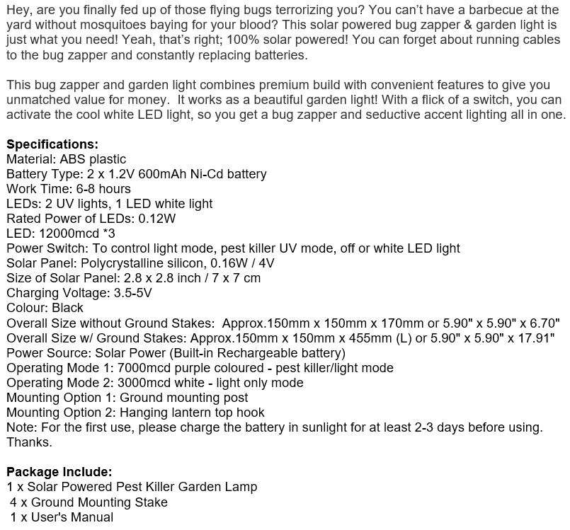 Solar UV Pest Repeller & White LED Garden Light in one.  Say Goodbye to Annoying bugs