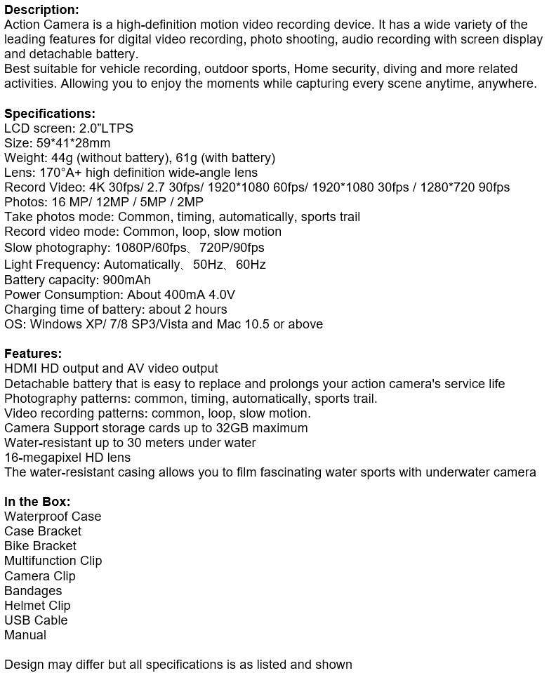 Ultra HD 4K Waterproof WIFI Sport Action Camera, 170° View, 16MP etc.